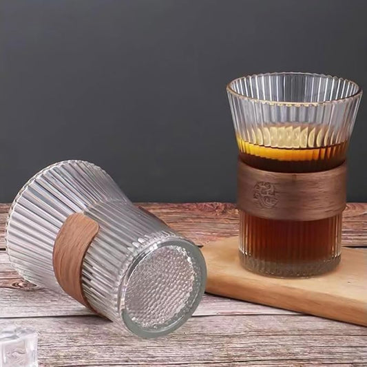 Ribbed Glass Cup with Elegant Wooden Sleeve