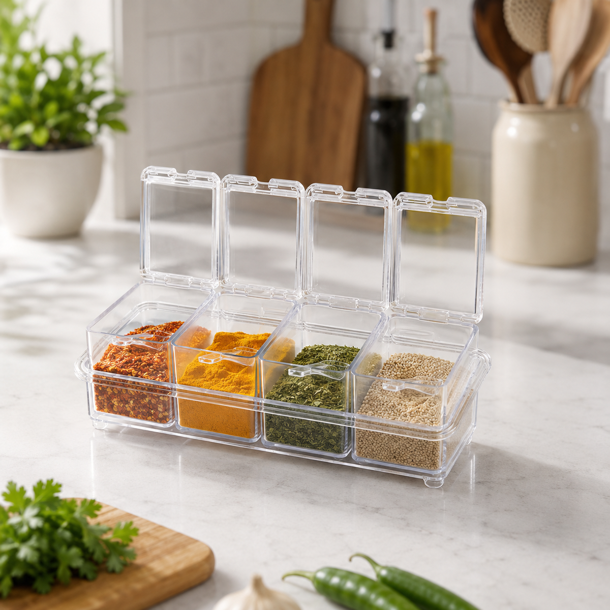 Crystal Clear Acrylic Jar Set of 4 with Organizer Stand & Spoons