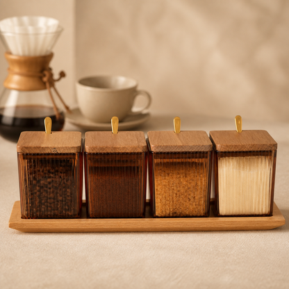 Amber Ribbed Glass Spice Jar Set with Wooden Tray (4 Pieces)