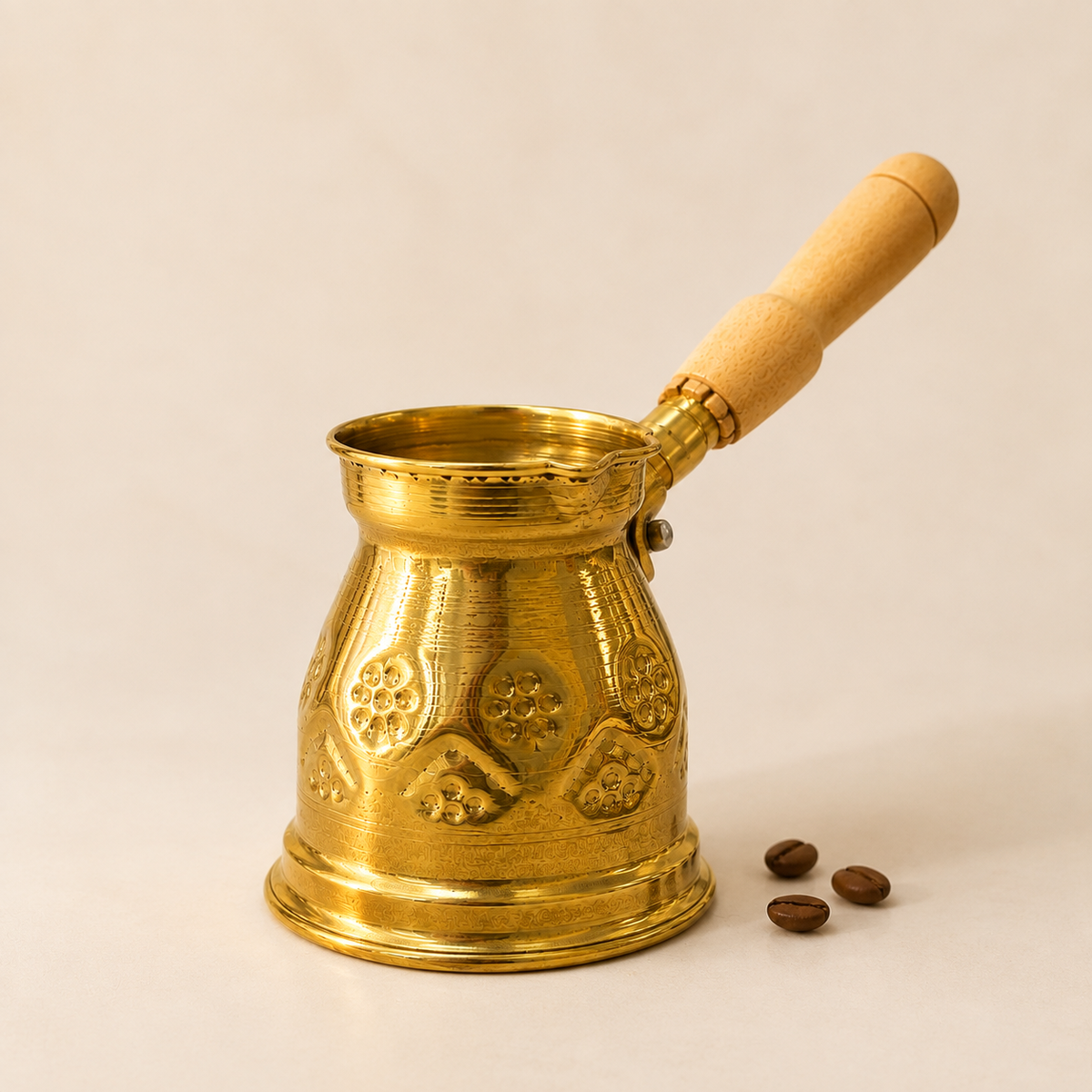 Traditional Copper Turkish Coffee Pot with Wooden Handle mid size