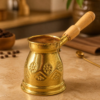 Traditional Copper Turkish Coffee Pot with Wooden Handle mid size