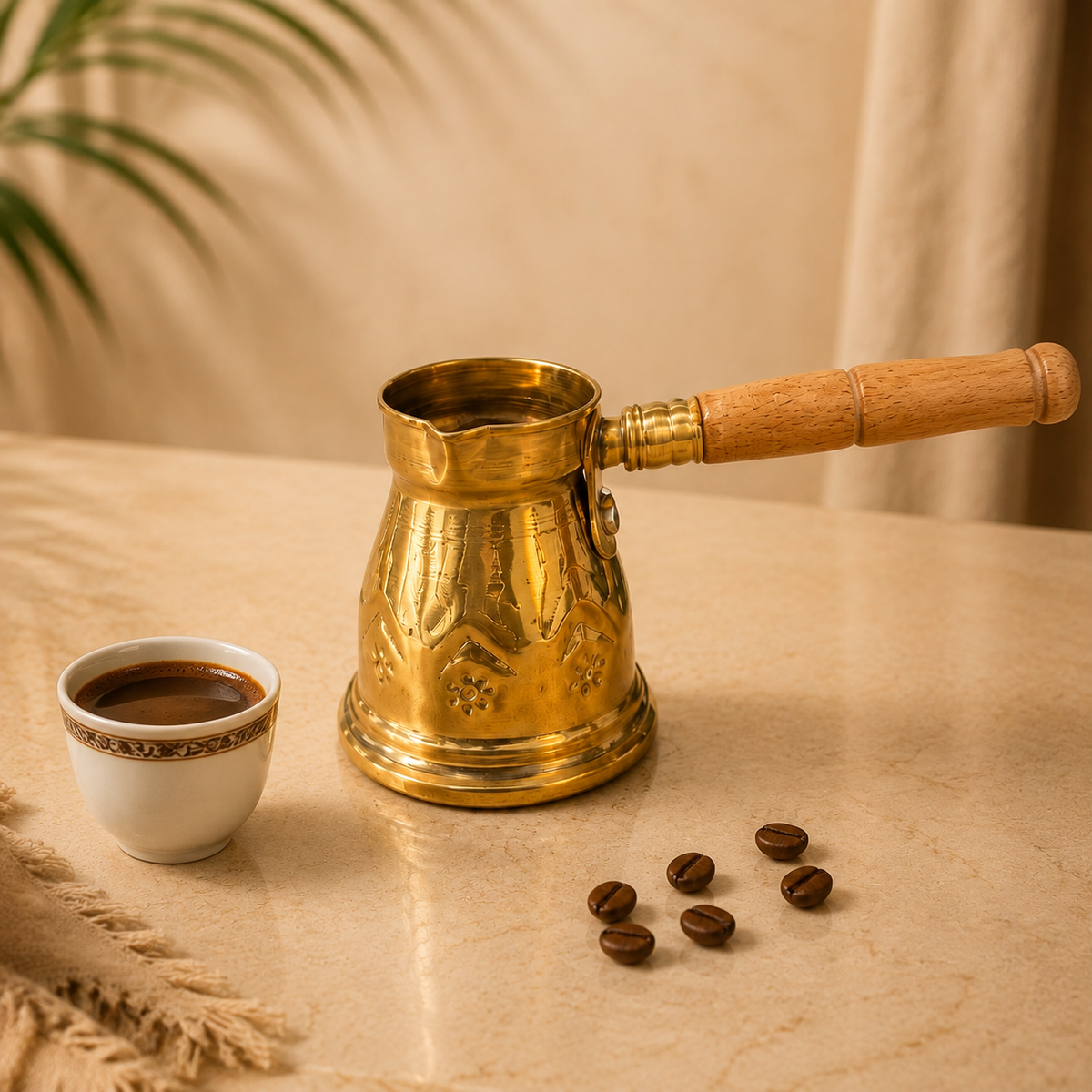 كنكة قهوة نحاس صغيرة بيد خشبية