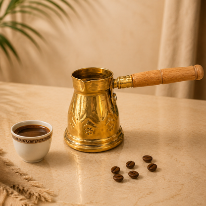 كنكة قهوة نحاس صغيرة بيد خشبية