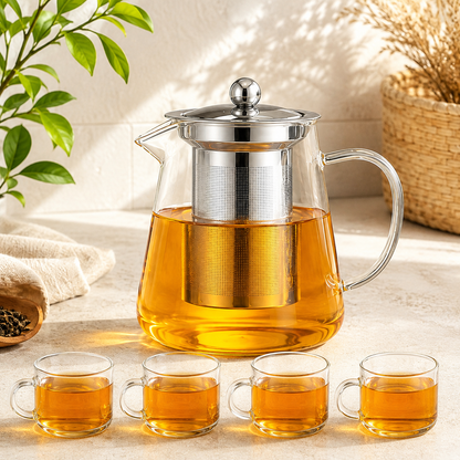 Borosilicate Glass Teapot & Teacup Set with Infuser (950ml + 4 x 100ml Cups)