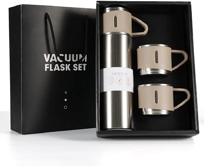 Vacuum Thermos Flask with Silicone Handle & Insulated Lid, 500ml (2-Cup Set)