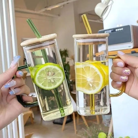 Glass Mug with Lid & Straw — كوب قهوة من شمس كل يوم
