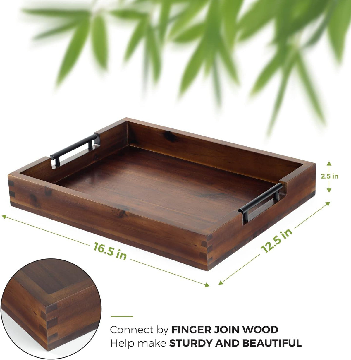 Acacia Wood Ottoman Serving Tray with Metal Handles