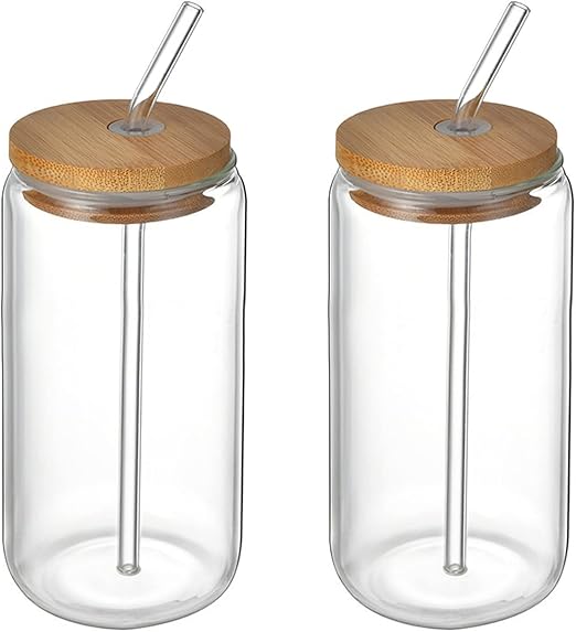 2 Glass Tumbler Set with Lid & Straw — كوب قهوة من شمس كل يوم