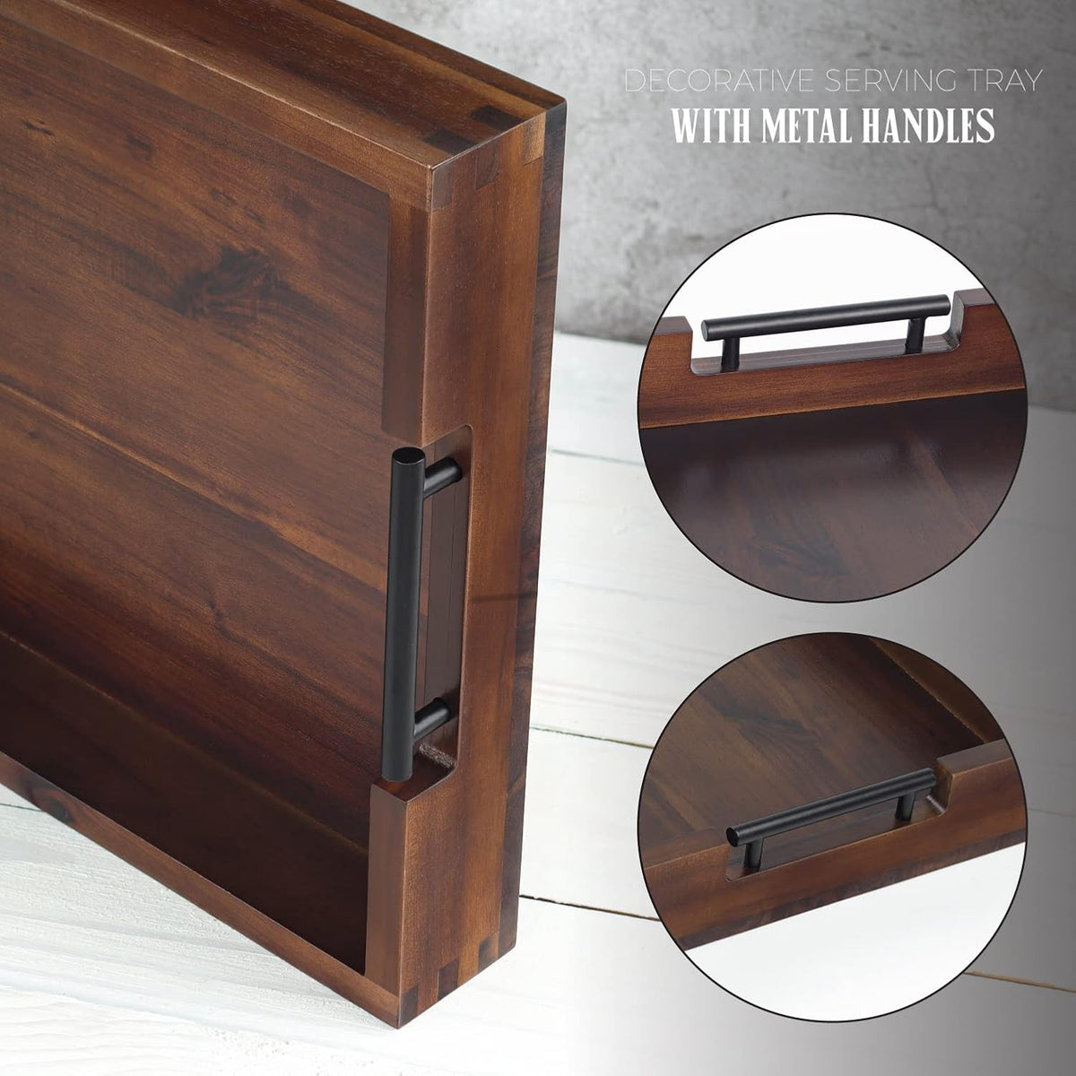 Acacia Wood Ottoman Serving Tray with Metal Handles