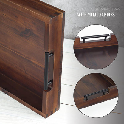 Acacia Wood Ottoman Serving Tray with Metal Handles