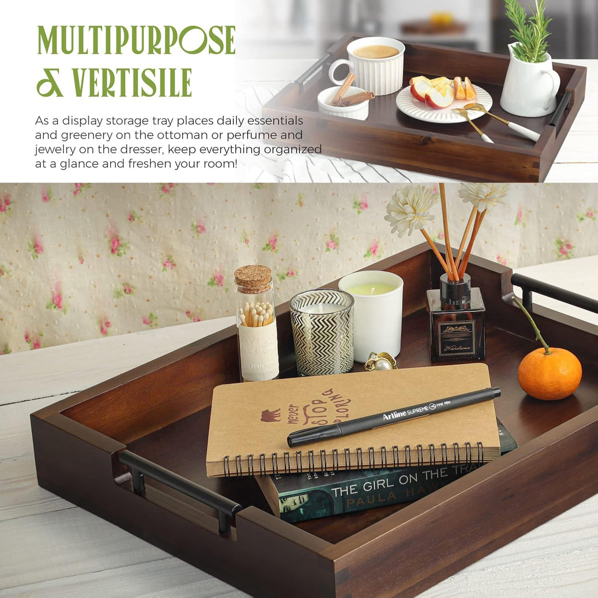Acacia Wood Ottoman Serving Tray with Metal Handles