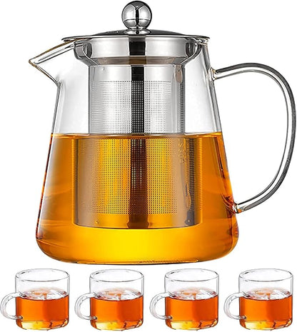 Borosilicate Glass Teapot & Teacup Set with Infuser (950ml + 4 x 100ml Cups)