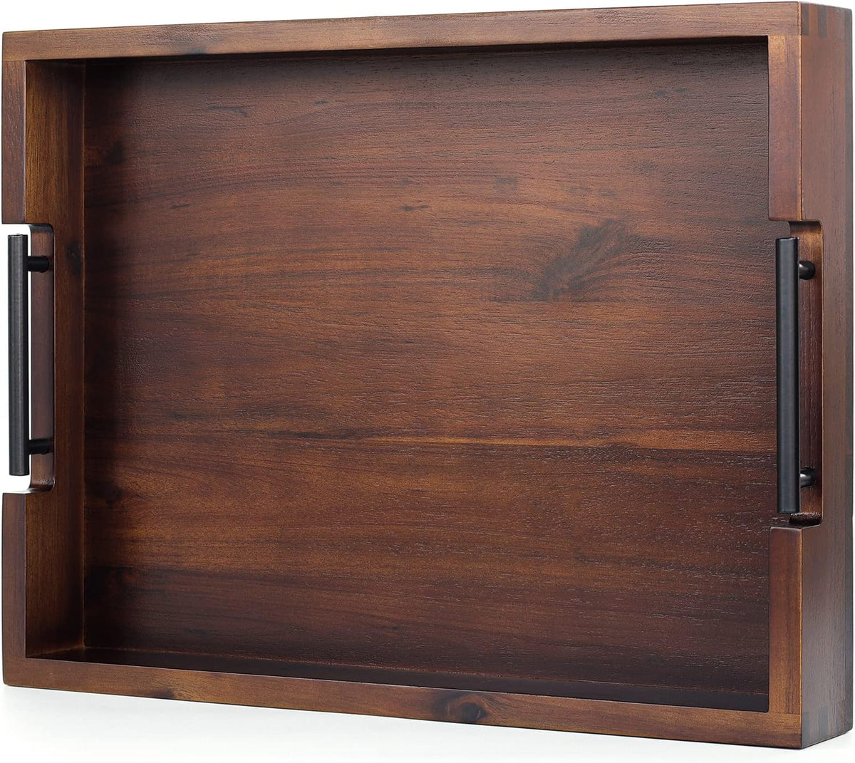 Acacia Wood Ottoman Serving Tray with Metal Handles