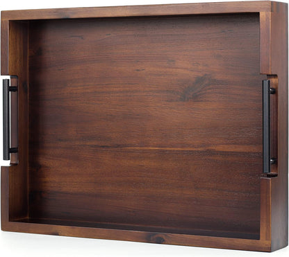 Acacia Wood Ottoman Serving Tray with Metal Handles