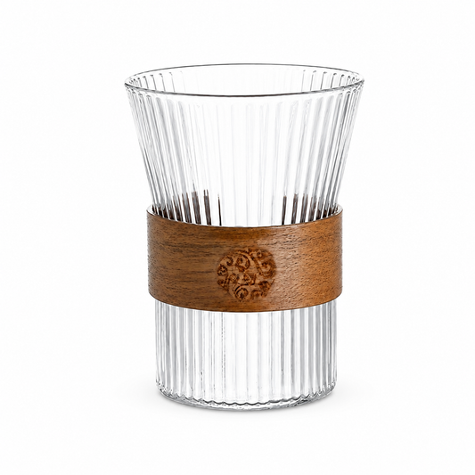 Ribbed Glass Cup with Elegant Wooden Sleeve
