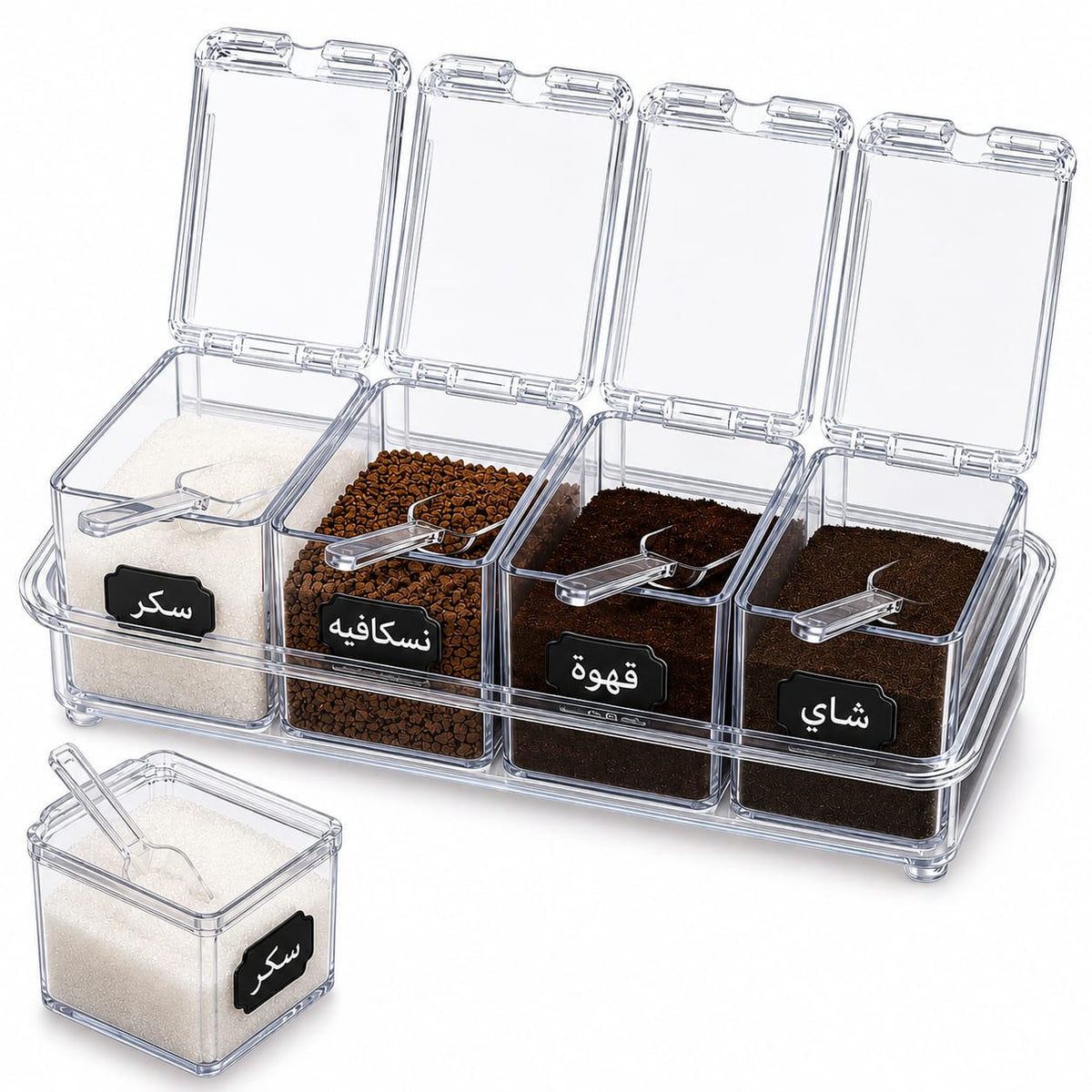 Crystal Clear Acrylic Jar Set of 4 with Organizer Stand & Spoons