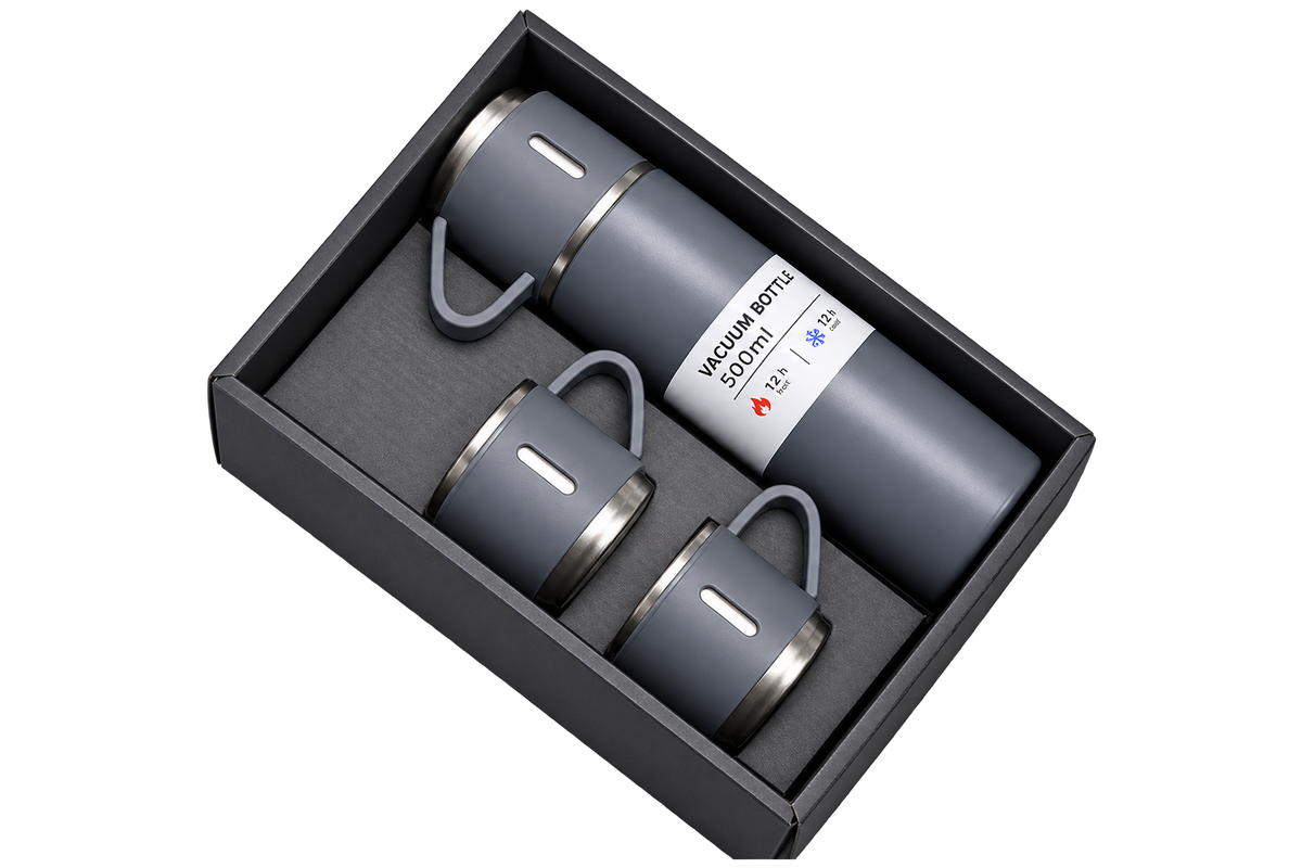 Vacuum Thermos Flask with Silicone Handle & Insulated Lid, 500ml (2-Cup Set)